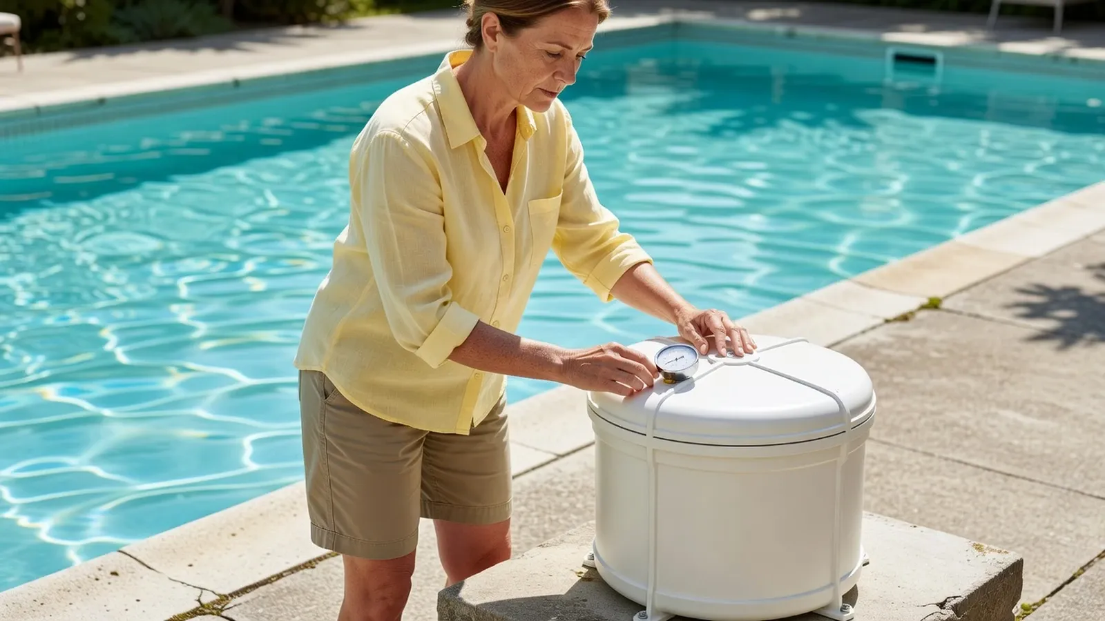 Une femme consulte le manomètre du filtre piscine pour décider du prochain entretien.
