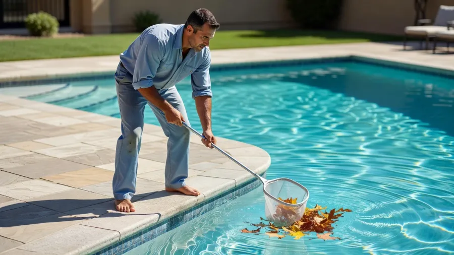 Agent d'entretien écume les feuilles depuis la margelle d'une piscine extérieure.