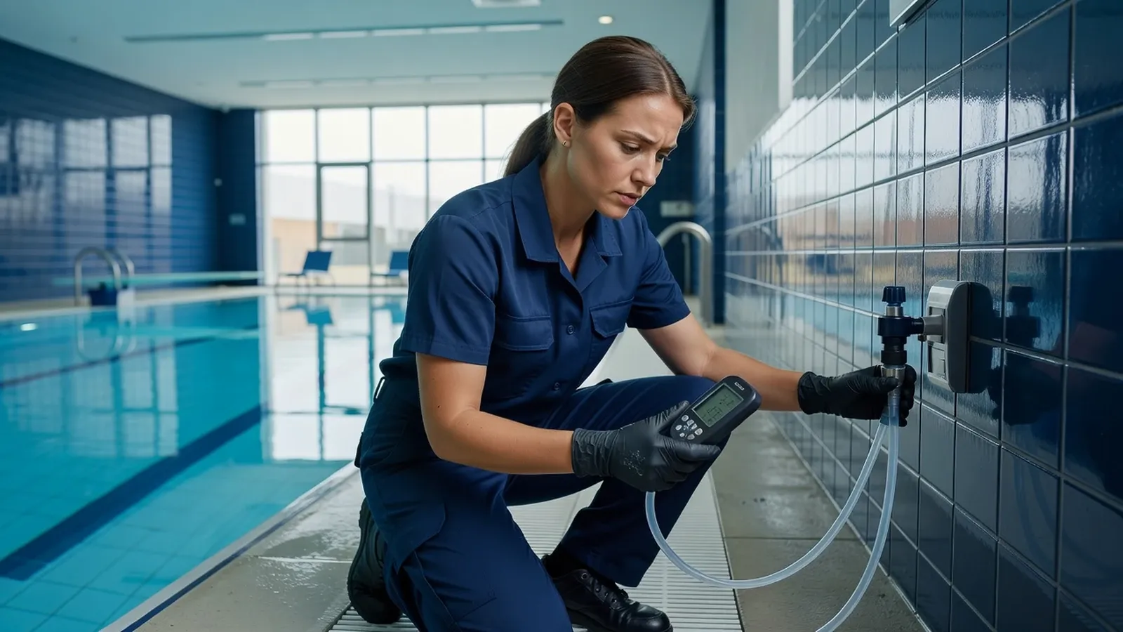 Technicienne contrôlant les produits chimiques pour maintenir une eau saine et conforme.