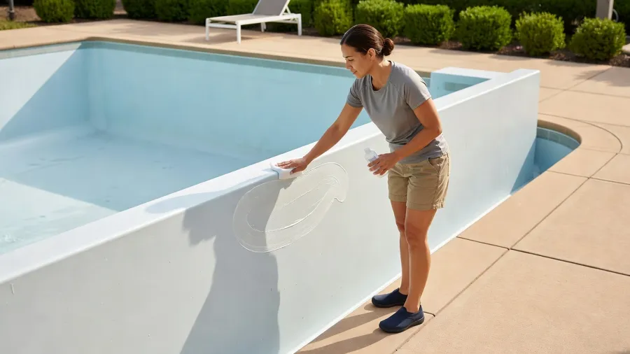 Femme appliquant un gel nettoyant sur la paroi d'une piscine vide depuis la terrasse.