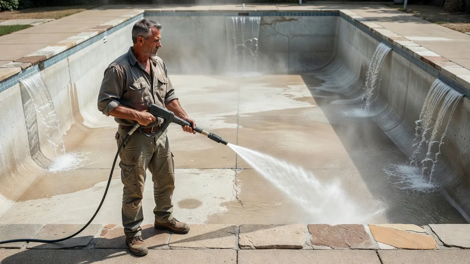 Homme rinçant à haute pression le fond d'une piscine vide depuis la margelle.