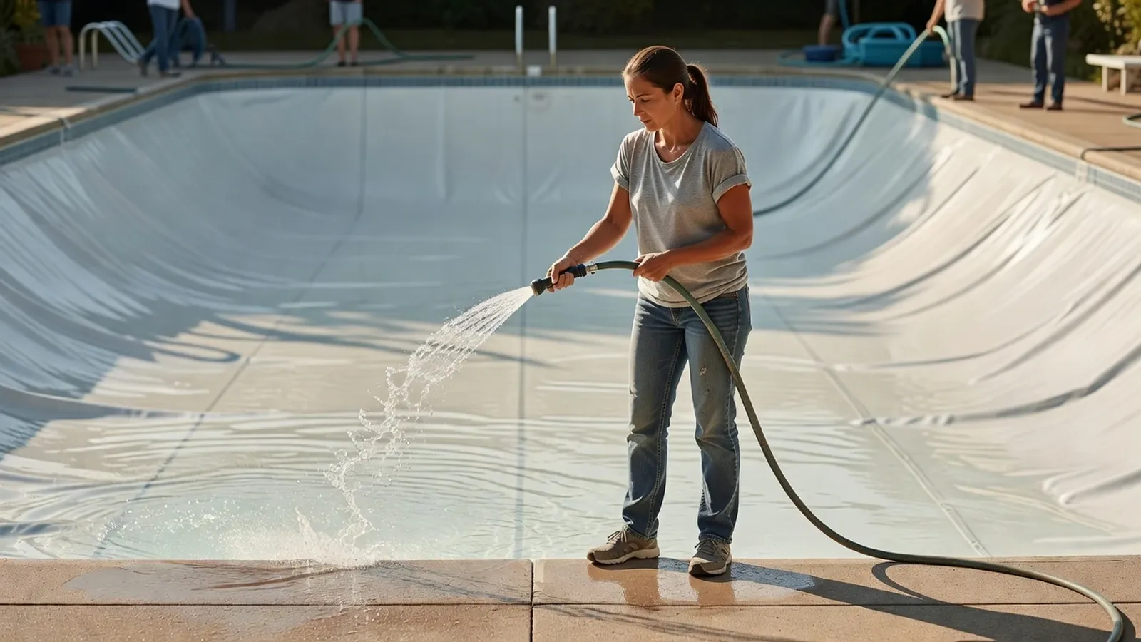 Femme effectuant le rinçage final à l'eau claire d'une piscine vide.
