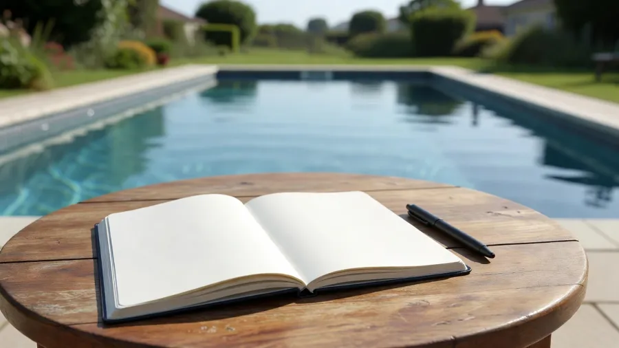 Un carnet d'entretien ouvert sur une table de jardin, au bord d'une piscine résidentielle.
