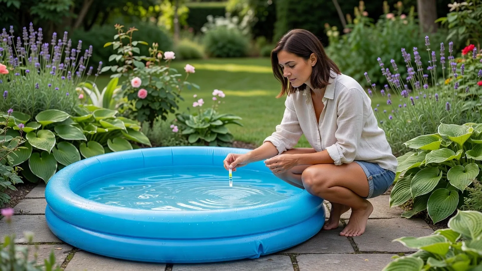 Une femme vérifie la qualité de l'eau d'une piscine gonflable à l'aide d'une bandelette de test.