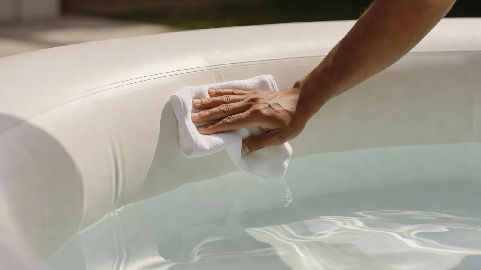 Un homme nettoie délicatement la paroi intérieure d'une piscine gonflable avec un chiffon doux.