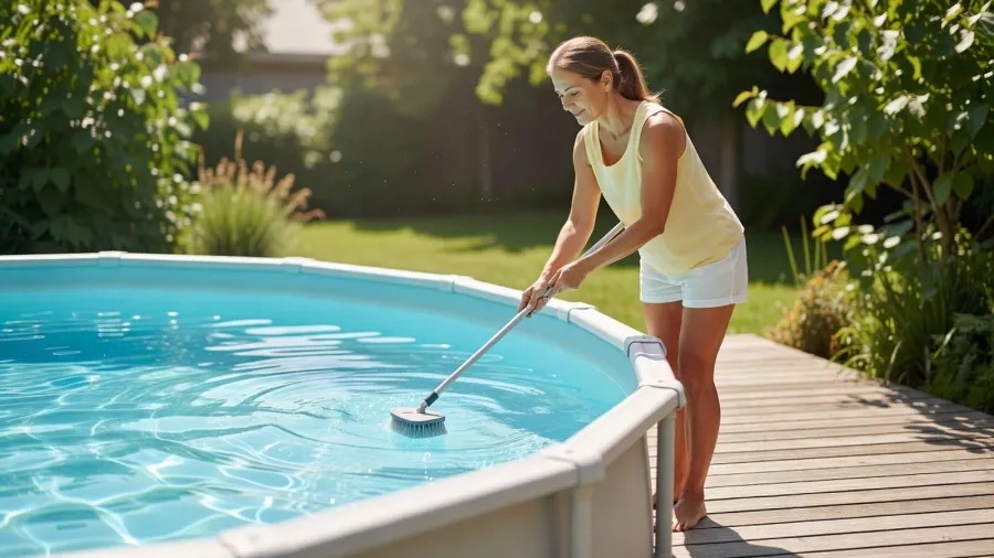 Une femme brosse les parois intérieures d'une piscine hors sol lors de son entretien hebdomadaire.