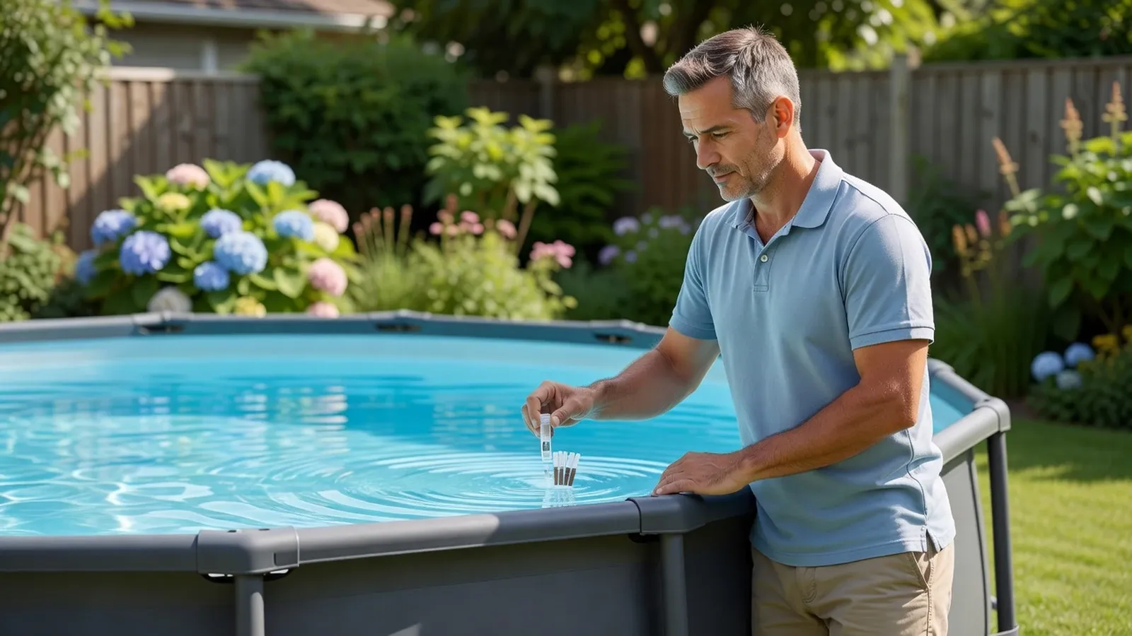Un homme contrôle le pH de l'eau d'une piscine hors sol avec des bandelettes de test.