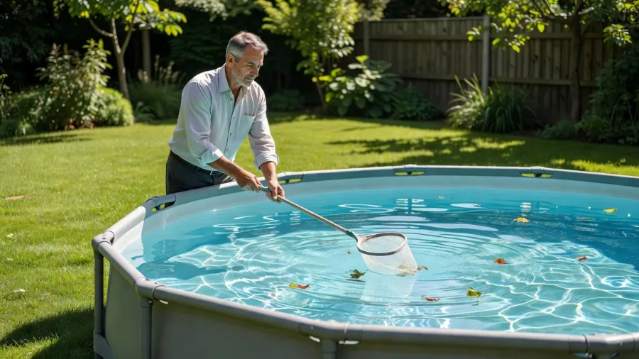 Homme retirant les débris en surface d'une piscine tubulaire avec une épuisette par une journée ensoleillée.
