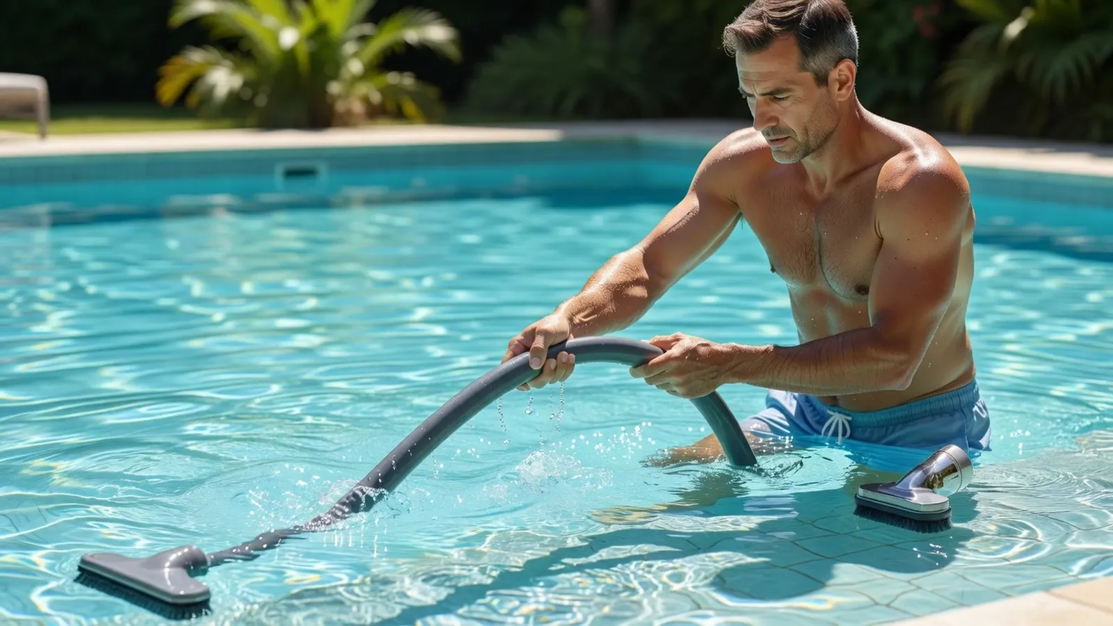 Homme amorçant le tuyau d’aspiration dans l’eau avant d’utiliser le balai.