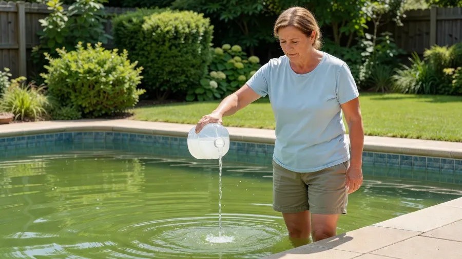 Femme versant du vinaigre blanc dans une piscine dont l'eau a viré au vert pour rétablir l'équilibre.