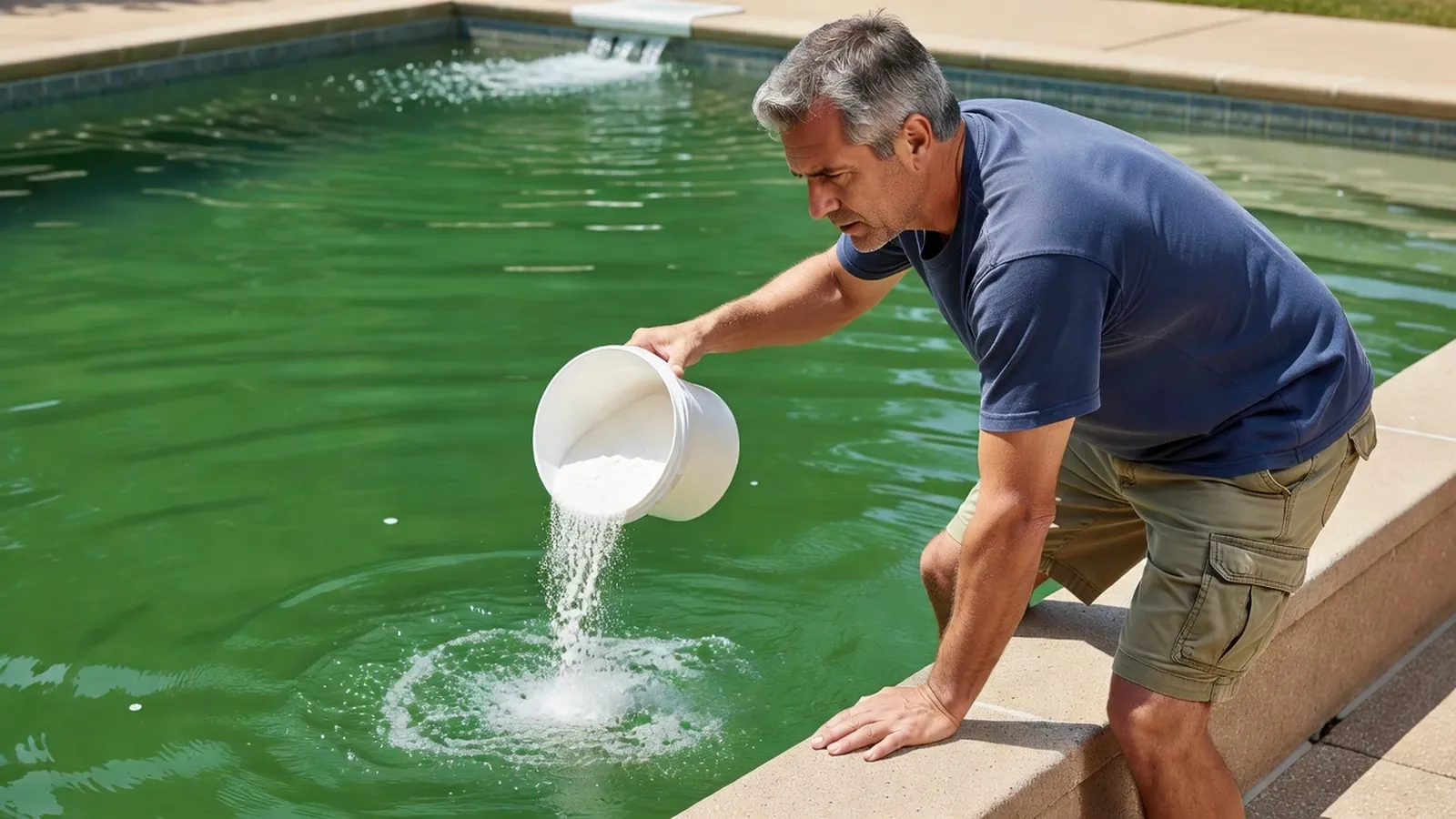 Homme ajoutant du bicarbonate de soude dans une piscine verte pour stabiliser le pH.