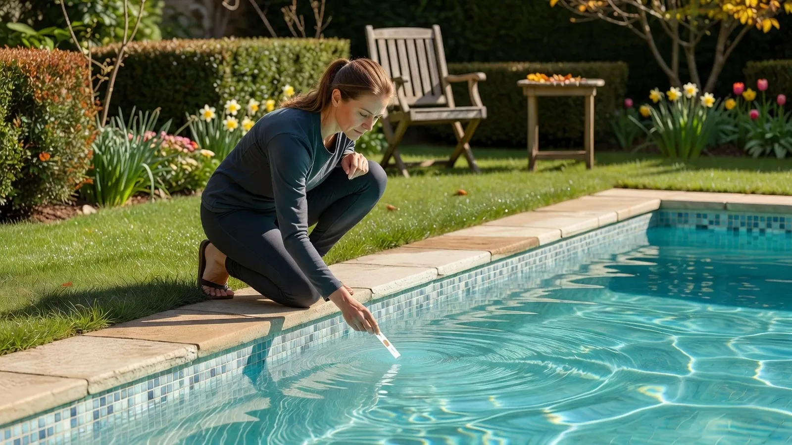 Femme réalisant un test chimique de l'eau de piscine avec une bandelette après l'hivernage.
