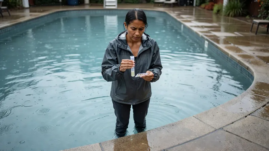 Une femme teste le pH de l'eau de la piscine juste après la pluie pour rétablir l'équilibre chimique.