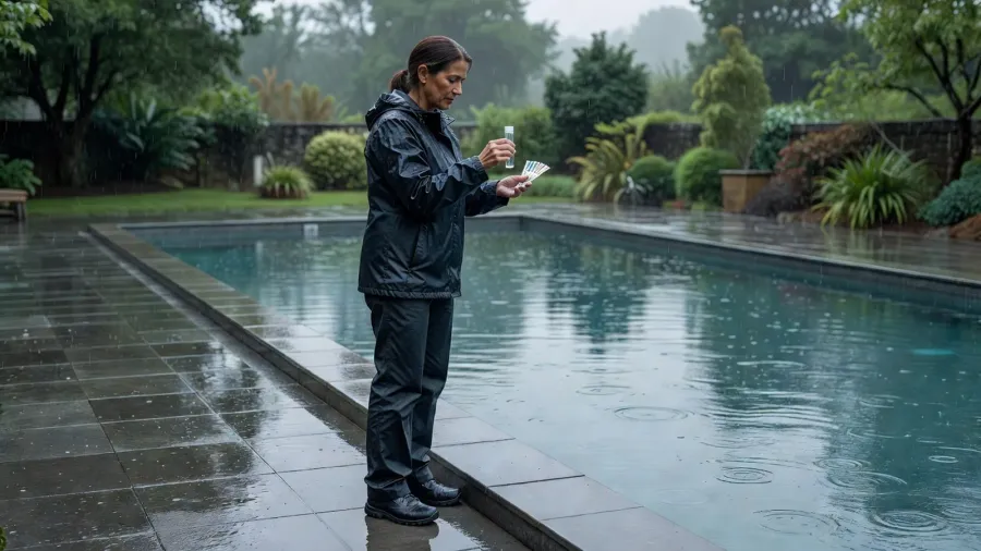 Une femme teste le pH depuis la terrasse mouillée, hors de l'eau, après la pluie.