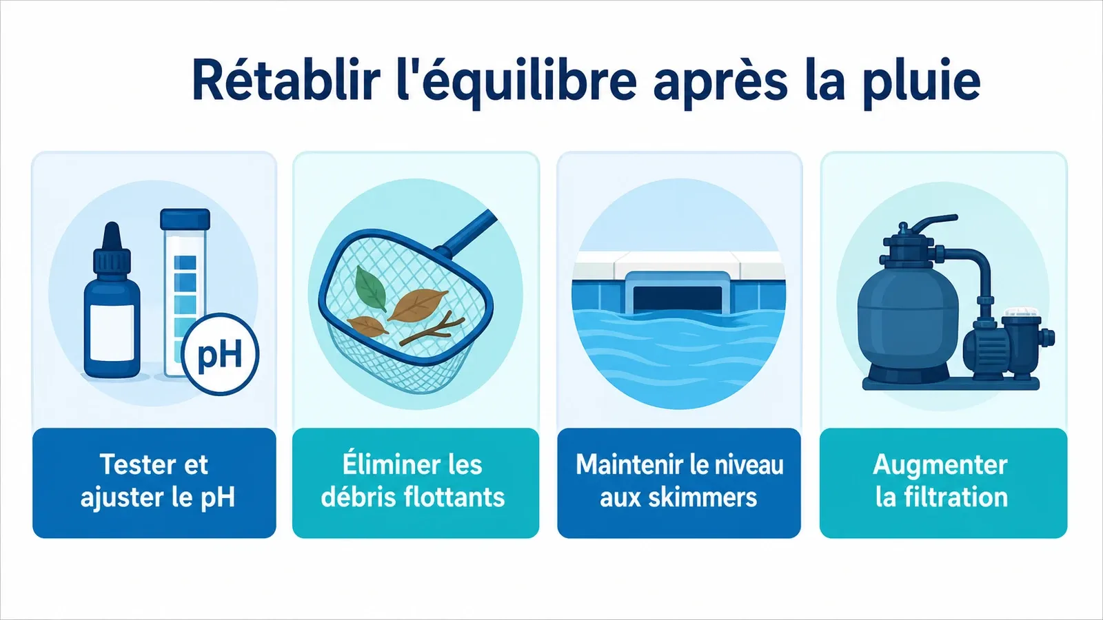 Infographie des quatre étapes concrètes pour rétablir l'eau de la piscine après la pluie.