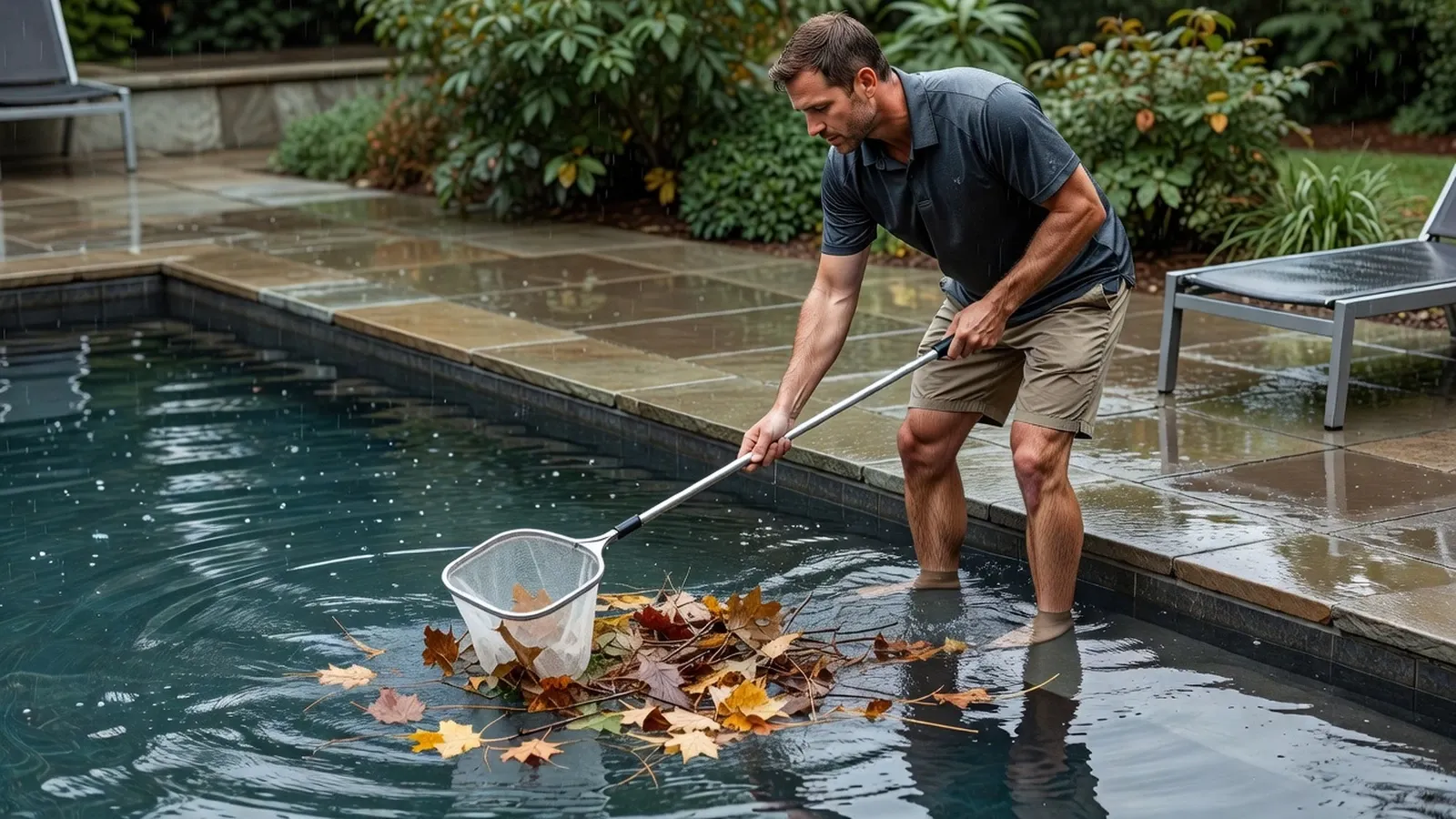 Un homme écume les débris et les feuilles à la surface de la piscine après l'averse.