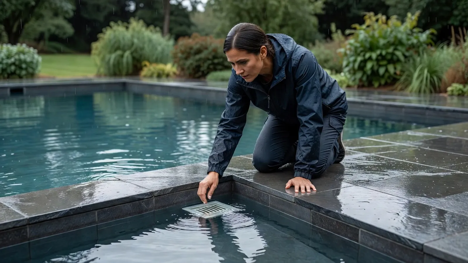 Une femme vérifie le niveau d'eau aux trois quarts des skimmers après la pluie.