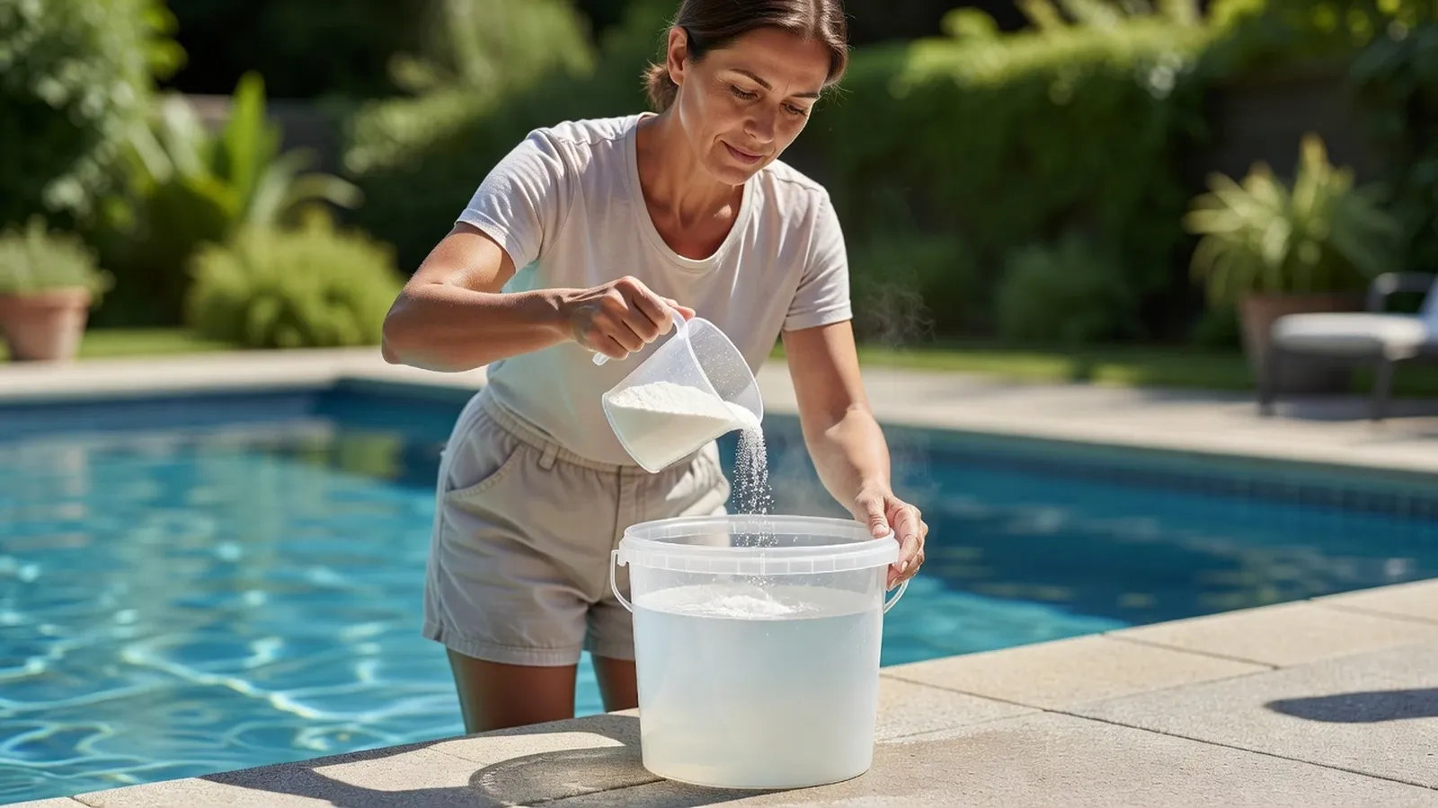 Femme mesurant et versant du bicarbonate dans un seau sur la terrasse pour préparer une solution d'entretien de l'eau.