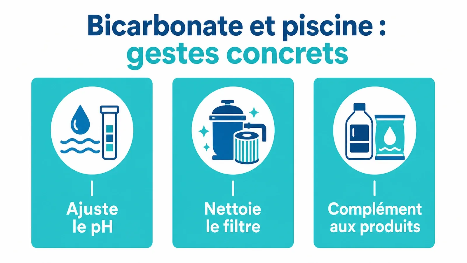 Schéma des trois actions concrètes du bicarbonate sur l'équilibre et la propreté de l'eau de piscine.