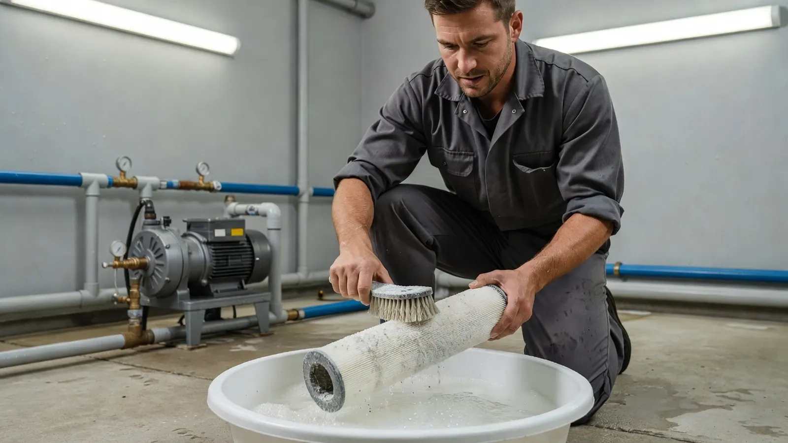Homme nettoyant une cartouche de filtre avec une solution de bicarbonate dans le local technique.