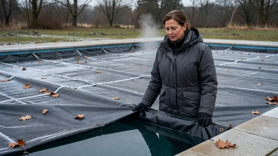 Une femme examine la couverture de sa piscine pour choisir entre hivernage actif et passif.