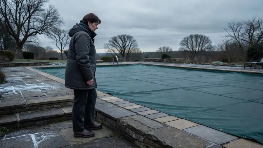 Une femme examine la bâche d'hivernage depuis la terrasse, hors de l'eau.