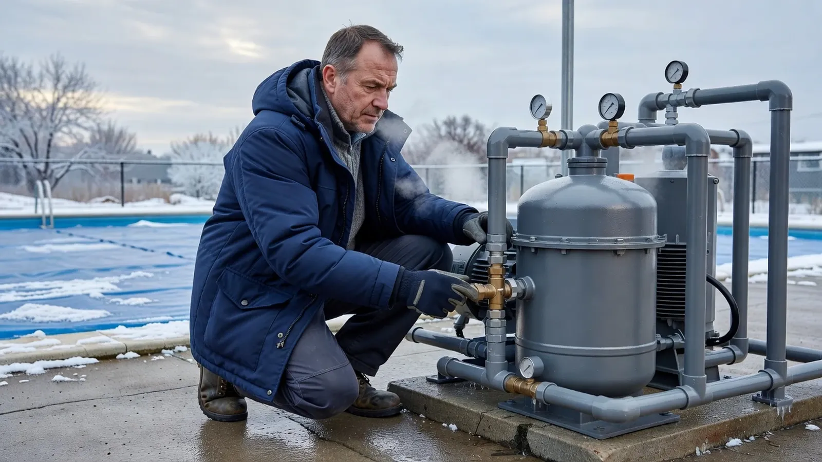 Un homme vérifie le fonctionnement de la pompe de filtration pendant l’hivernage actif.