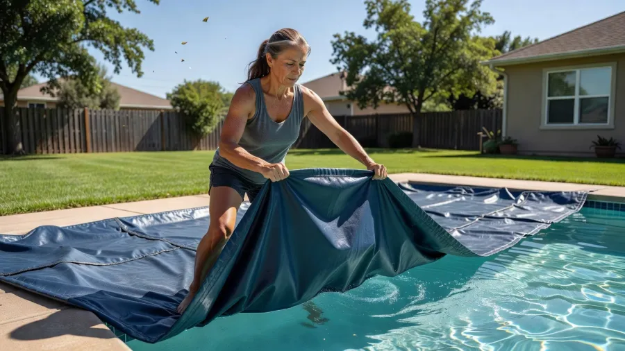 Femme installant une bâche à barres sur sa piscine avant un départ en vacances.