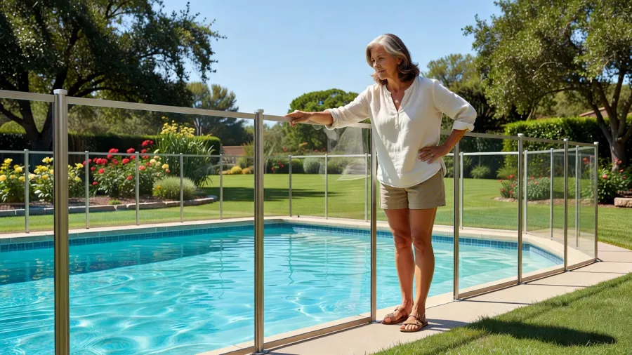 Femme observant une barrière de sécurité autour de sa piscine pour déterminer l'équipement adapté à son terrain.