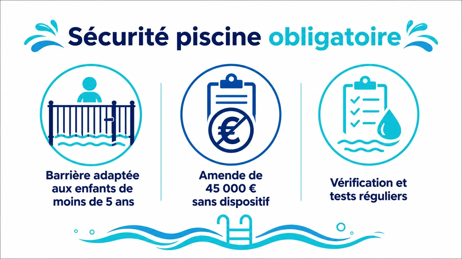 Infographie résumant les deux obligations légales et la règle de vérification pour les équipements de sécurité piscine.