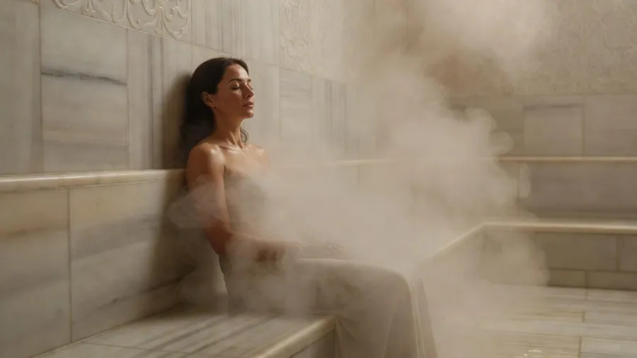 Femme assise dans la vapeur du hammam, épaules relâchées et respiration profonde.