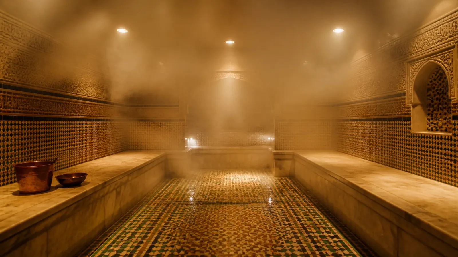 Salle de hammam traditionnelle vide, bancs de marbre et vapeur chaude