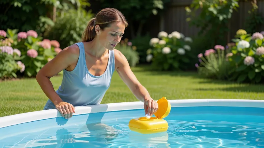 Femme déposant une pastille dans le doseur flottant d'une petite piscine hors-sol par temps ensoleillé.