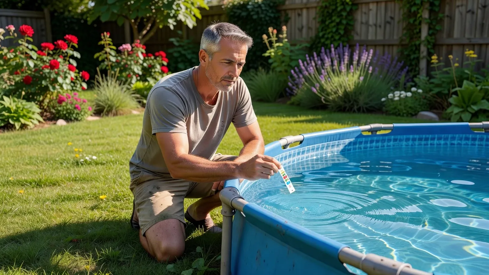 Homme effectuant un test de l'eau de la piscine avec une bandelette au bord du bassin.