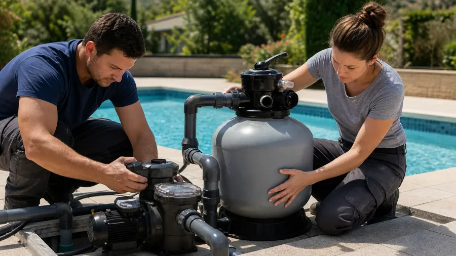 Un homme et une femme installent la pompe et le filtre au bord de la piscine pour assurer la circulation de l'eau dès le départ.