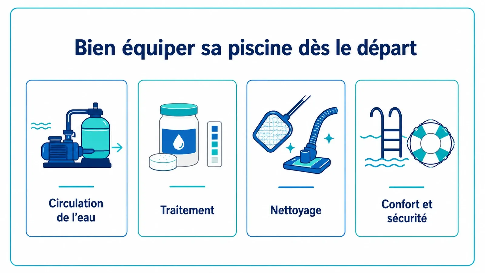 Schéma des quatre étapes pour équiper une piscine dans le bon ordre : circulation, traitement, nettoyage et confort.