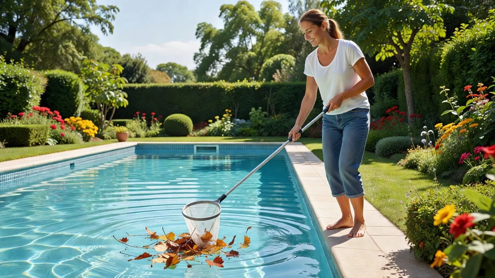 Une femme retire les feuilles et le pollen d'une piscine avec une épuisette le matin pour éviter les algues.