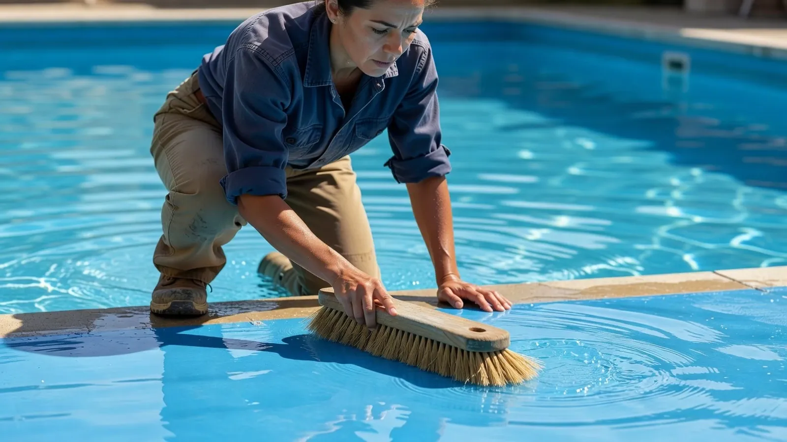 Une femme nettoie le liner d'une piscine avec une brosse douce pour éviter tout dommage.