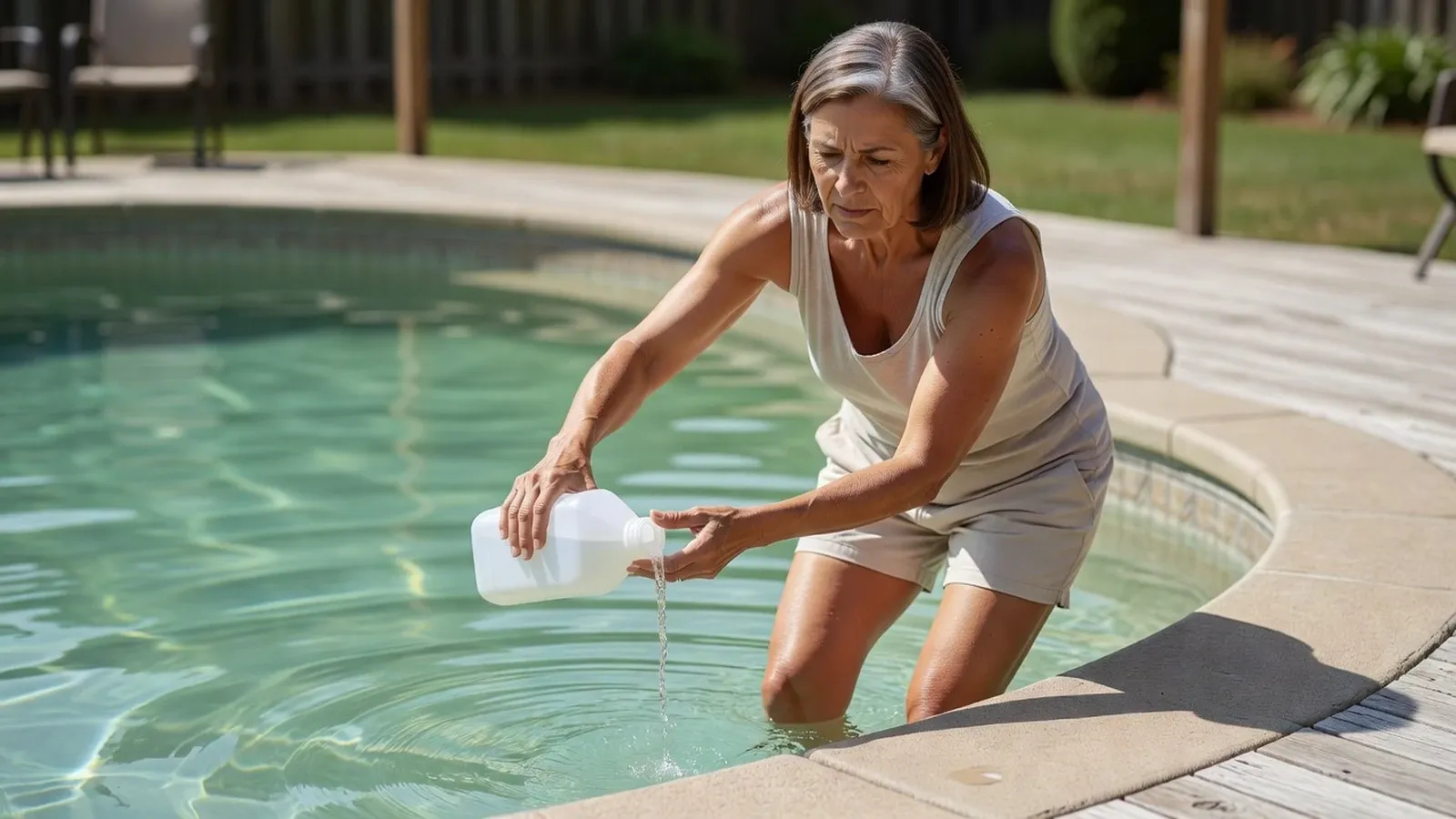 Une femme verse de l'eau de javel dans une piscine à l'eau légèrement verte pour un traitement d'urgence.