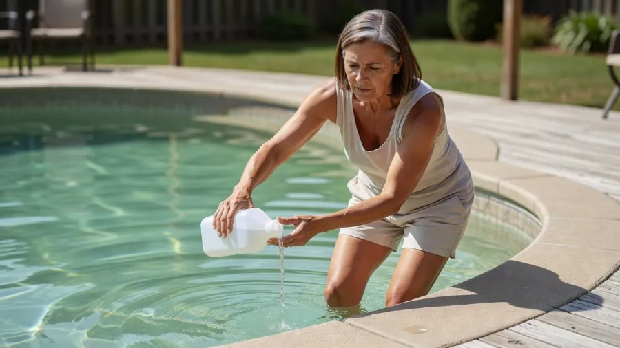 Une femme verse de l'eau de javel dans une piscine à l'eau légèrement verte pour un traitement d'urgence.