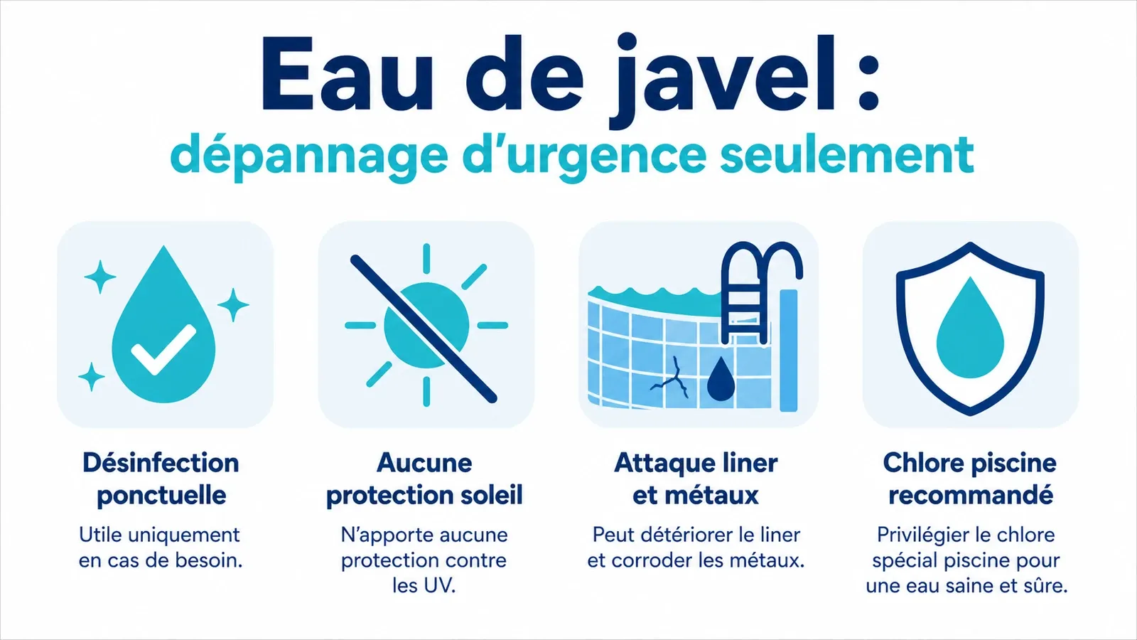 Comparaison des effets de l'eau de javel domestique et du chlore piscine sur l'eau et les équipements.