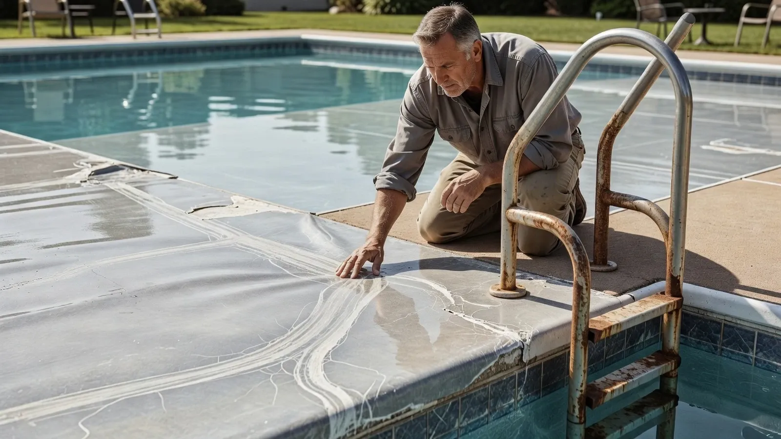 Un homme examine les traces blanchâtres et la rouille causées par l'eau de javel sur le liner et les pièces métalliques.