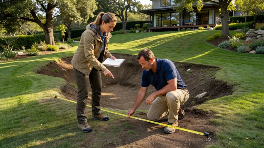 Deux adultes examinent la pente du jardin pour déterminer l'implantation précise du bassin sur mesure.