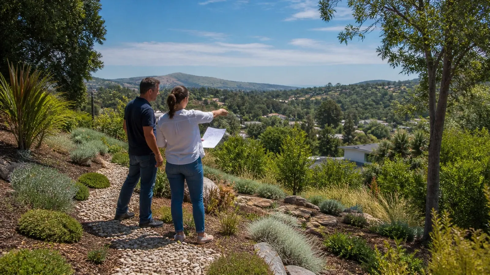 Un couple examine un terrain en pente pour déterminer l'implantation idéale d'une piscine sur mesure.
