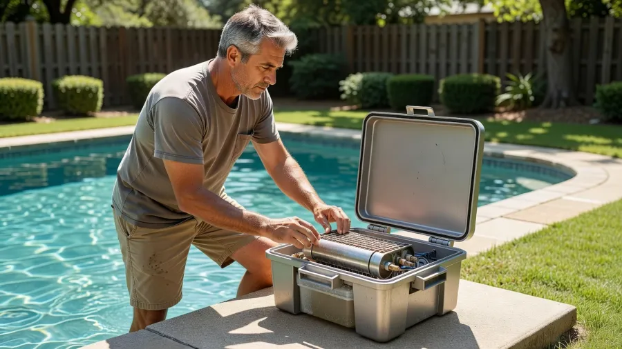 Un propriétaire examine la cellule de l'électrolyseur de sa piscine au sel.