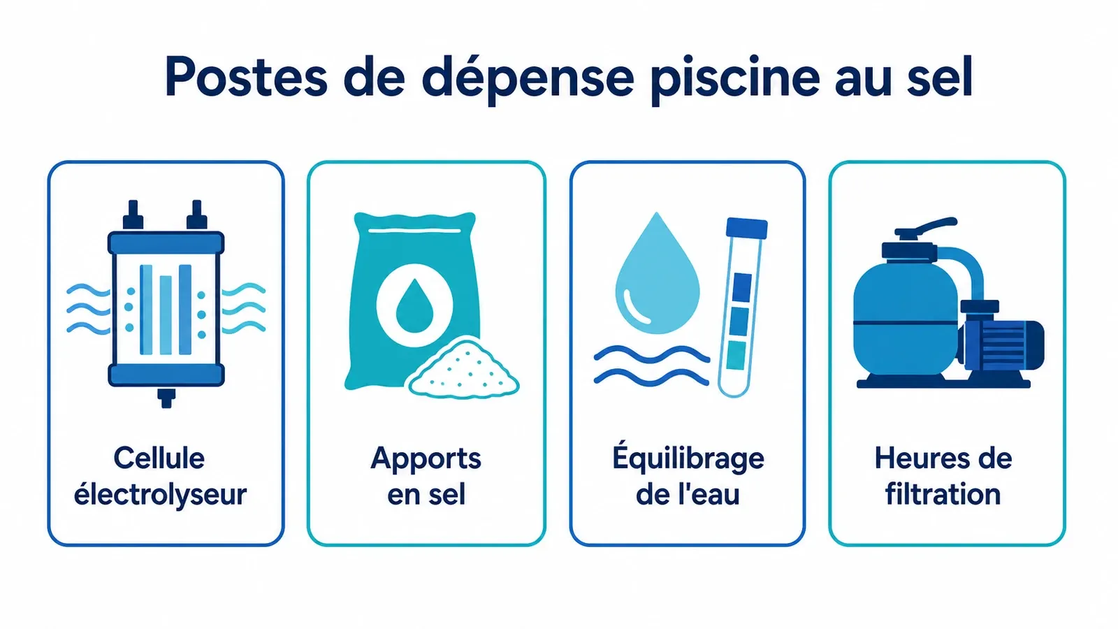 Répartition des quatre postes principaux de l'entretien d'une piscine au sel.