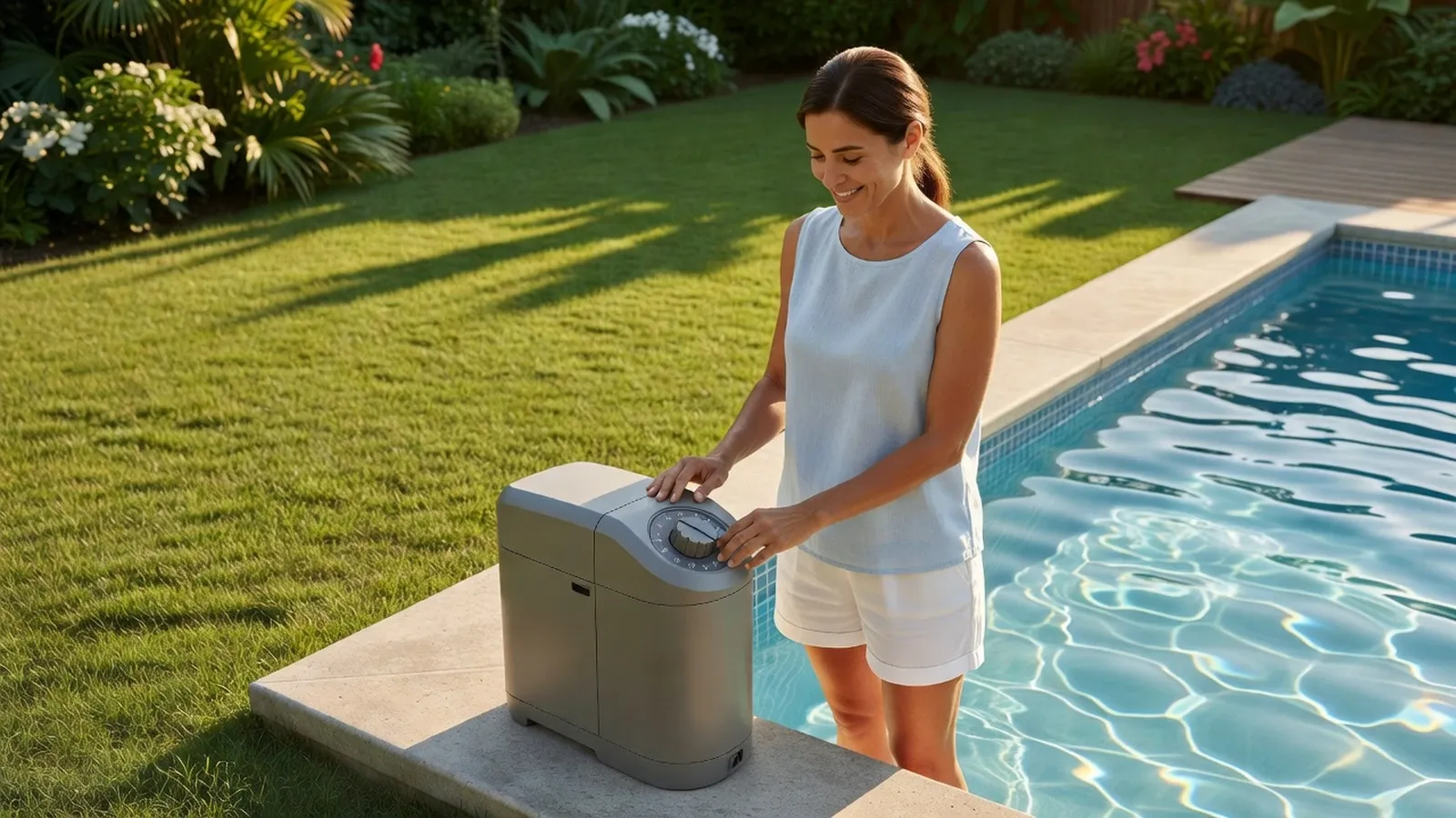 Une femme règle la filtration de sa piscine au sel pour optimiser l'entretien.