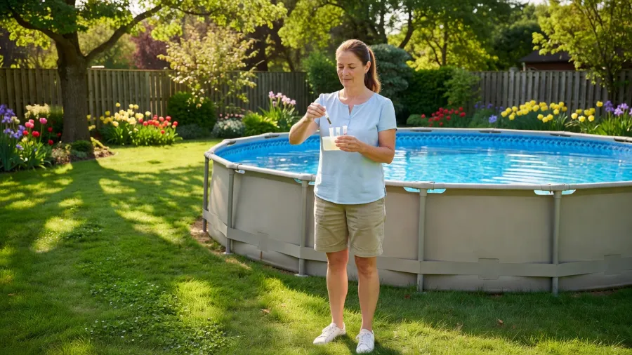 Femme effectuant un test de qualité de l'eau dans une piscine hors sol pour maîtriser les coûts d'entretien sur la saison.