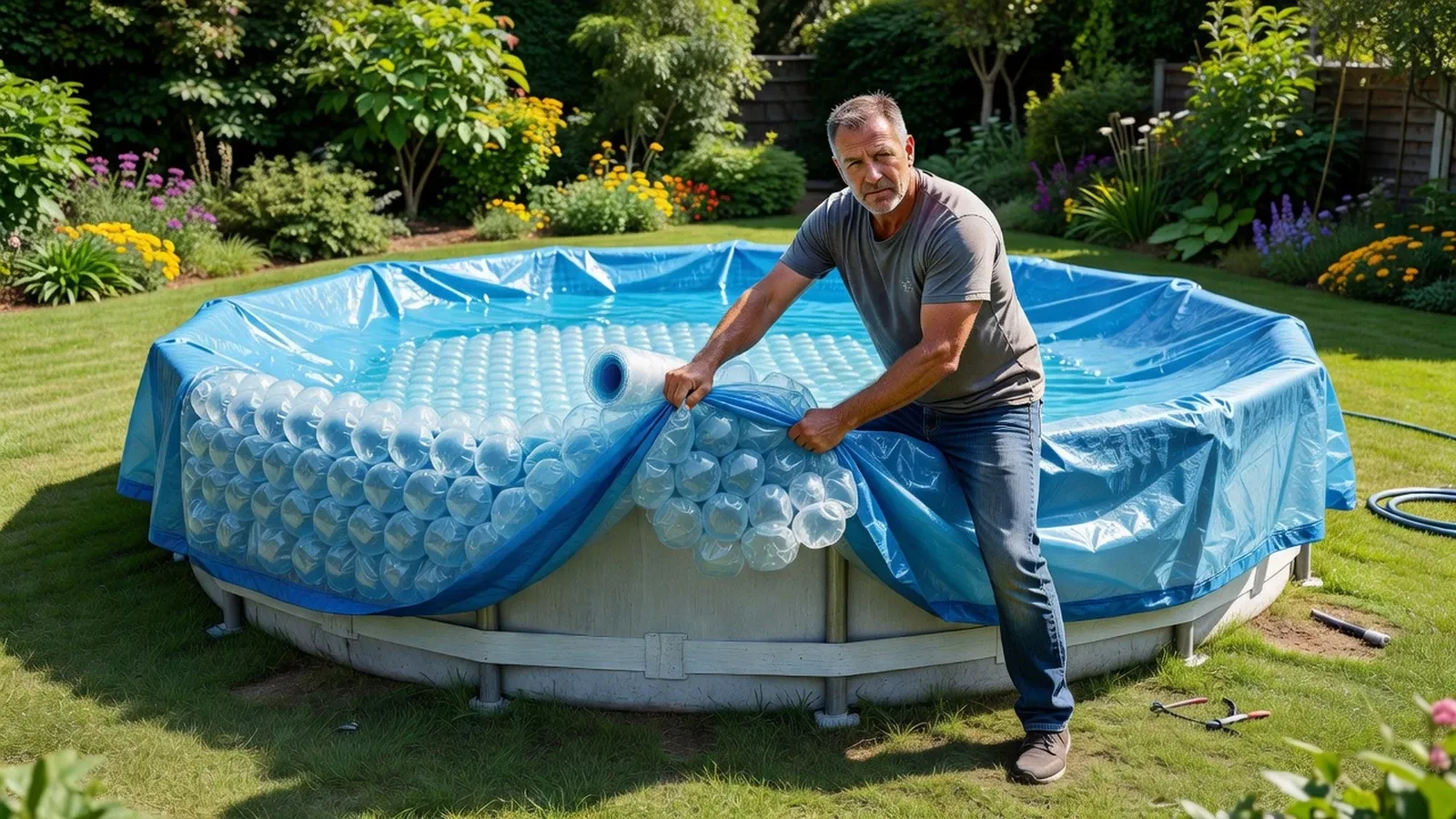 Homme déployant une bâche à bulles sur une piscine hors sol pour limiter l'évaporation et les consommations annexes.
