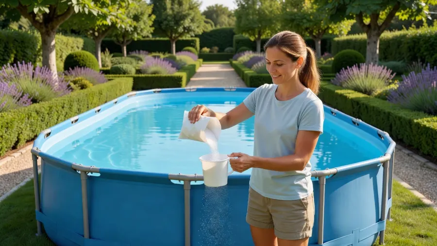 Femme dosant un traitement Pool Champion au bord d'une piscine hors-sol.
